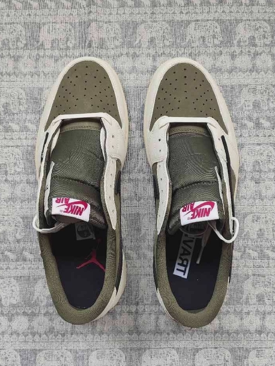 Travis Scott Other - Travis Scott Men's Sneakers in Olive Green & White with Pink Tongue Logo
